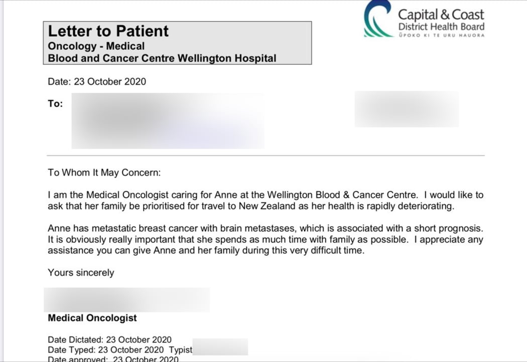 Anne Myers' oncologist has requested her family is prioritised in managed isolation as Anne is dying from brain cancer.
