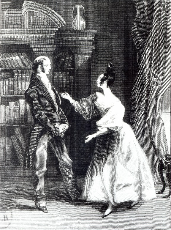 'She then told him what Mr Darcy had voluntarily done for Lydia. He heard her with astonishment', illustration from 'Pride and Prejudice' by Jane Austen (1775-1817) engraved by William Greatbach (b.1802) 1833 (b/w photo) by Pickering, George (c.1794-1857); Bibliotheque Nationale, Paris, France.