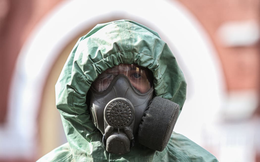 Military personnel of the radiation, chemical and biological protection division carry out sanitary treatment of the territory of the Metrovagonmash plant on April 15, 2020 in Saint Petersburg, Russia.