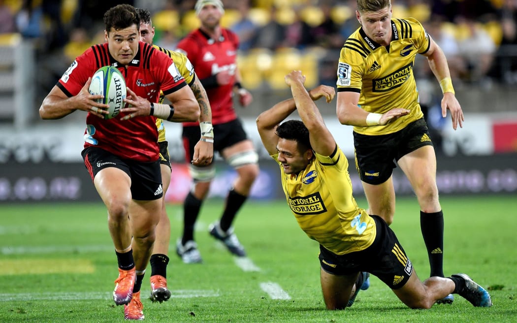 Crusaders outside back David Havili grabs a loose ball and runs away to score against the Hurricanes in Wellington.