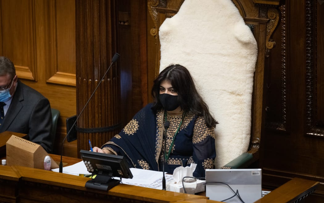 Layba Zubair manages the unfolding debate from the Chair of her sponsoring MP - Trevor Mallard, at Youth Parliament 2022.