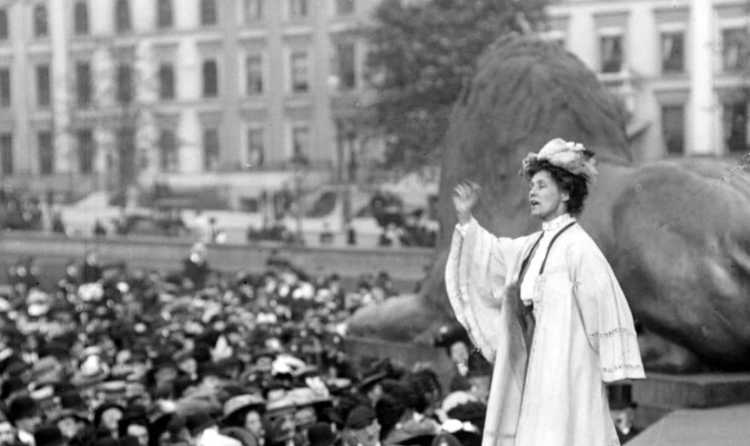 Suffragist Emily Pankhurst addressing a meeting in London's Trafalgar Square, 1908.