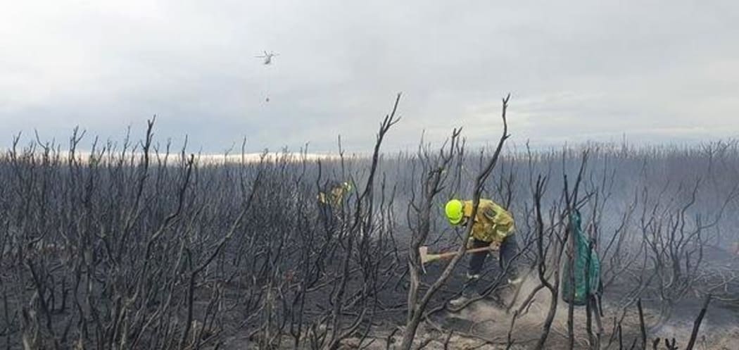Firefighters working on putting out the Awarua Bay fire.