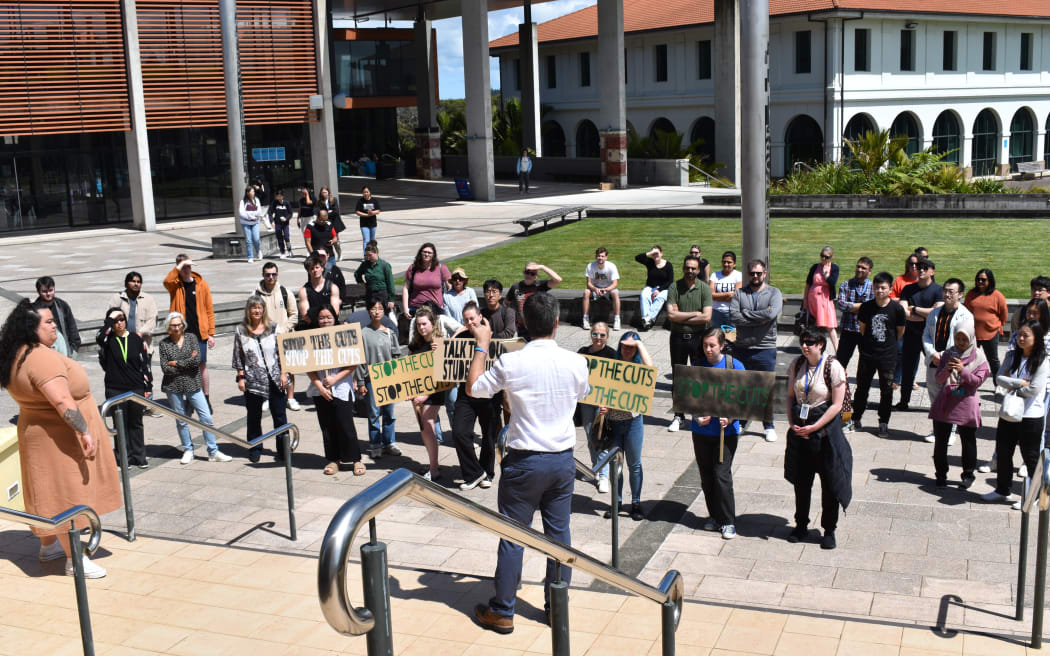 Staff and student protesters at Massey University's Auckland campus demonstrate against proposed cuts, and call for the resignation of Vice Chancellor Jan Thomas.
