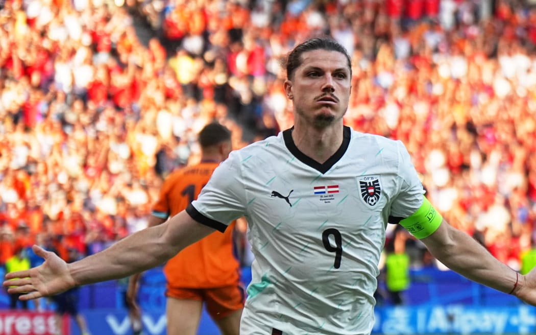 Austria's Marcel Sabitzer celebrates his goal to make it 3-2 against the Netherlands, Euro 2024.