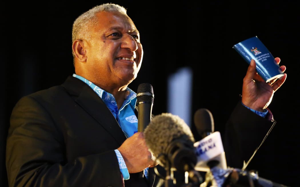 Fiji's interim Prime Minister Frank Bainimarama speaks in Auckland.