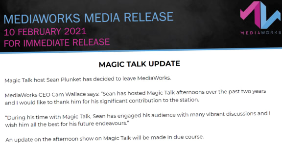 After a two day on-air absence, MediaWorks announced on Wednesday
that Sean Plunket had left Magic Talk.