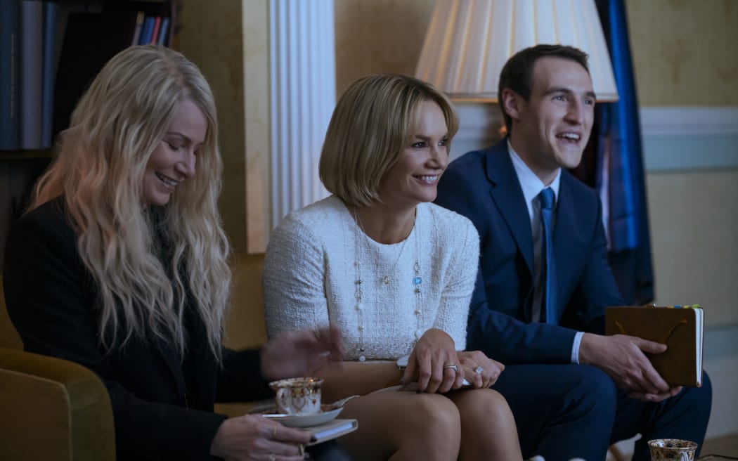 Clare Calbraith, Ruth Wilson, and Éanna Hardwicke in Amazon Prime's A Very Royal Scandal.