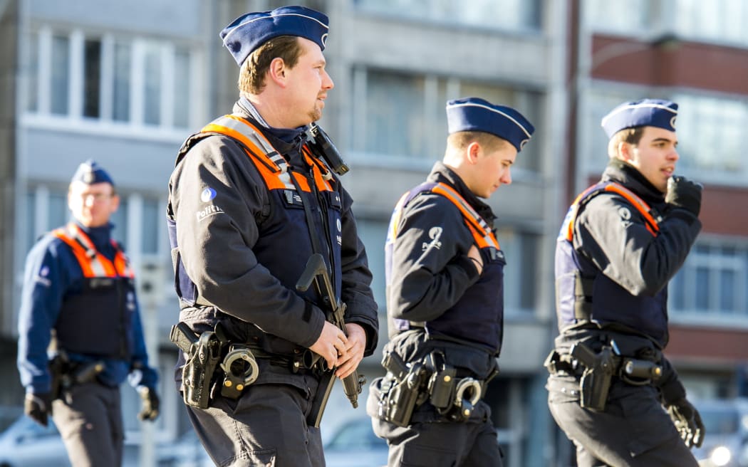 Belgian police patrol the Jewish quarter in Antwerp.