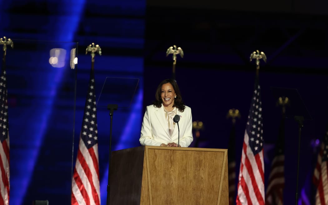 WILMINGTON, DELAWARE - NOVEMBER 07: Vice President-elect Kamala Harris addresses the nation from the Chase Center November 07, 2020 in Wilmington, Delaware.