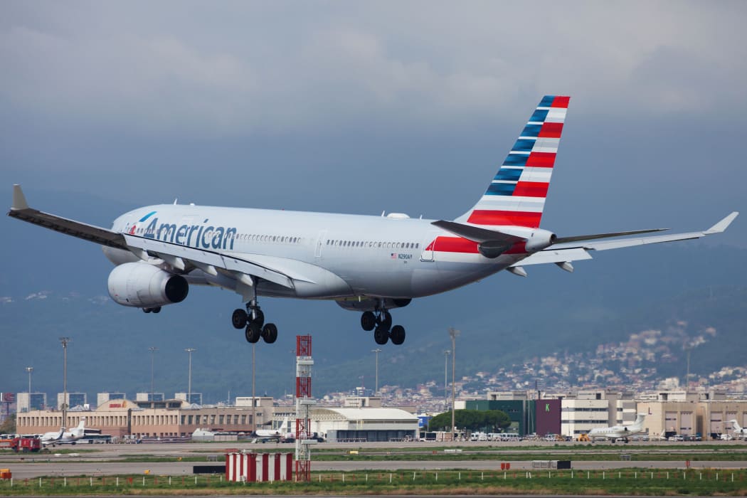 American Airlines Airbus A330-200 landing at El Prat Airport in Barcelona, Spain.