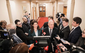 Nicola Willis and Christopher Luxon after the National Party caucus meeting on 17 October 2023.