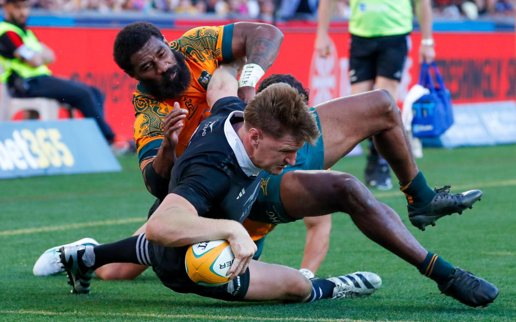 Jordie Barrett dives over but the try is disallowed. Wallabies v New Zealand All Blacks, 2024  Rugby Championship and Bledisloe Cup test match,  Accor Stadium, NSW, Australia, Saturday 21st September 2024, Copyright Photo: David Neilson / www.photosport.nz