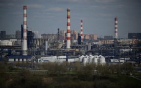 A view shows the Russian oil producer Gazprom Neft's Moscow oil refinery on the south-eastern outskirts of Moscow on April 28, 2022.