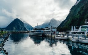 Boats moored at Milford Sound, Fiordland.