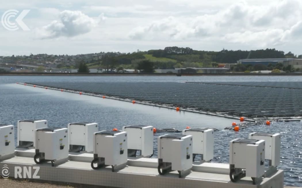 The new floating solar array at Rosedale's waste water treatment pond.