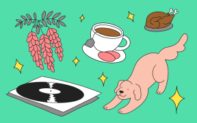 Stylised illustration of Wisteria, records, tea, dog and roast chicken.