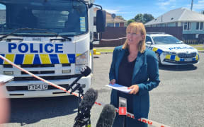 Detective Inspector Nicola Reeves speaking to media at the police cordon on Carisbrooke Street in the Christchurch suburb of Aranui. A homicide investigation has been launched into the death of a 38-year-old man.