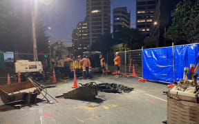 Wellington Water crews carried out a temporary repair to a stormwater pipe beneath Wellington’s Jervois Quay.  a hole in the pipe is thought to have enabled water to gradually erode and wash away the subsoil.