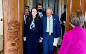 Prime Minister Jacinda Ardern walks alongside Senator Chuck Schumer (Democrat-New York), the US Senate Majority Leader, after a meeting with the Bipartisan Senate Group, Washington DC.