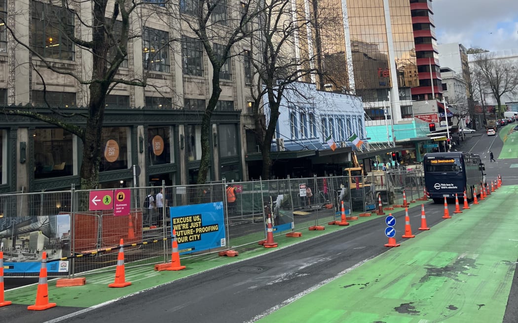 An image looking east on Wellesley Street towards Queen Street, showing scaffolding and construction in the area.