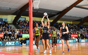 Bailey Mes shoots a goal during the Silver Ferns first test against the Jamaican Sunshine Girls for the Taini Jamison Trophy.