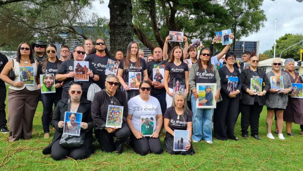 Friends and whānau of Te Omeka Akariri-Buckley gathered outside the New Plymouth Court House.