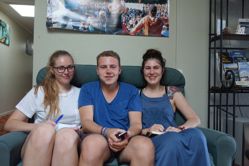 German tourists Caroline Maass, left, Flynn Ahlers and Cheyenne Stephan had no idea Lonely Planet had named Taranaki the second best region in the world to visit in 2017.