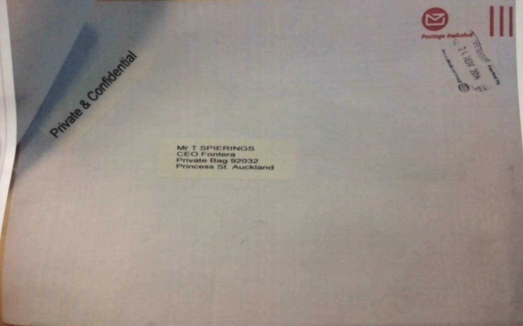 The envelope sent to Fonterra containing the blackmail threat.