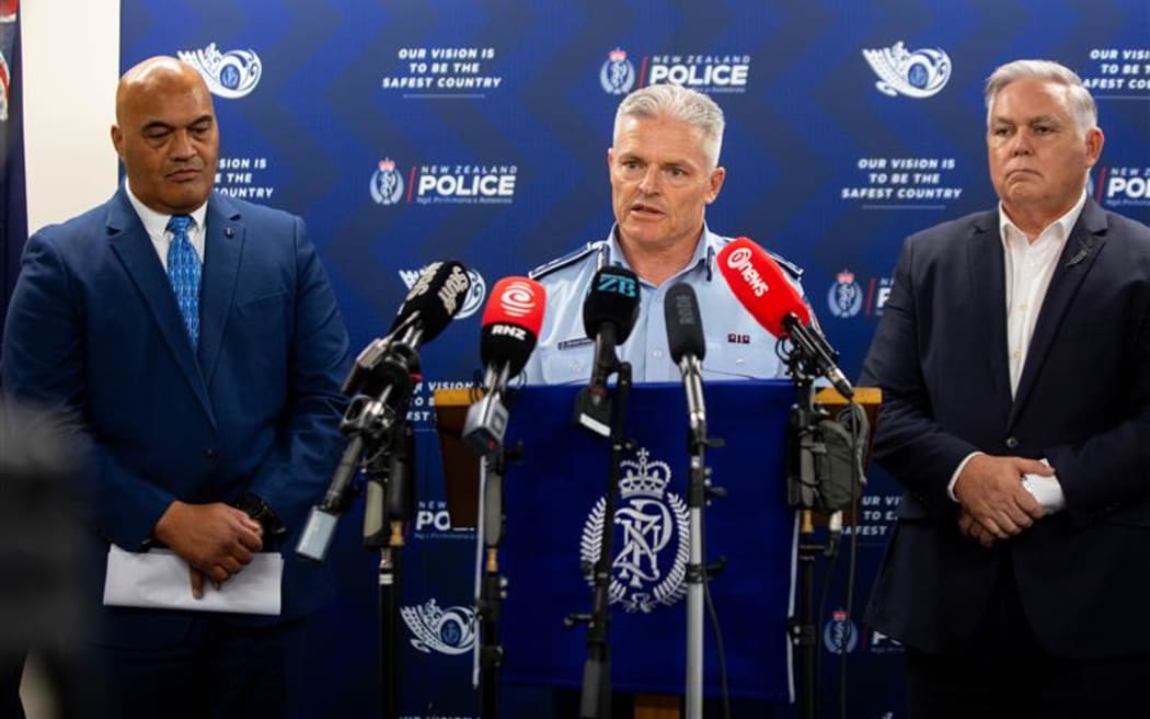 Tom Phillips standup In Hamilton: Warwick Morehu from Oranga Tamariki, Police Commissioner Richard Chambers and Minister of Police Mark Mitchell.