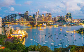 Downtown Sydney skyline in Australia at twilight