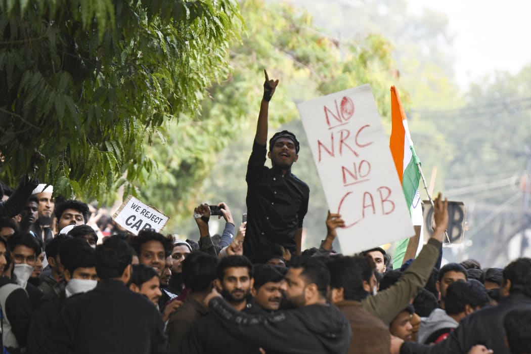 Demonstrators shout slogans during a protest against a new citizenship law, in New Delhi, India, December 15, 2019.