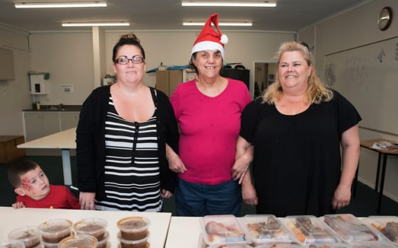 Olivia Stonyer, middle, with Happiness Inn volunteers Karina Grime, left, and Sandra Budden, and Karina's son Braxton Dorward.