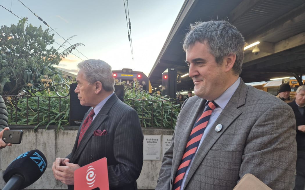 Winston Peters and Chris Bishop at Wellington Rail Station, May 2025.