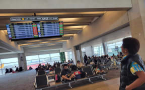 Fijian high chief Ro Teimumu Kepa, right, along with waiting for boarding call at Departure Lounge at Ben Gurion Airport in Tel Aviv. 11 October 2023.
