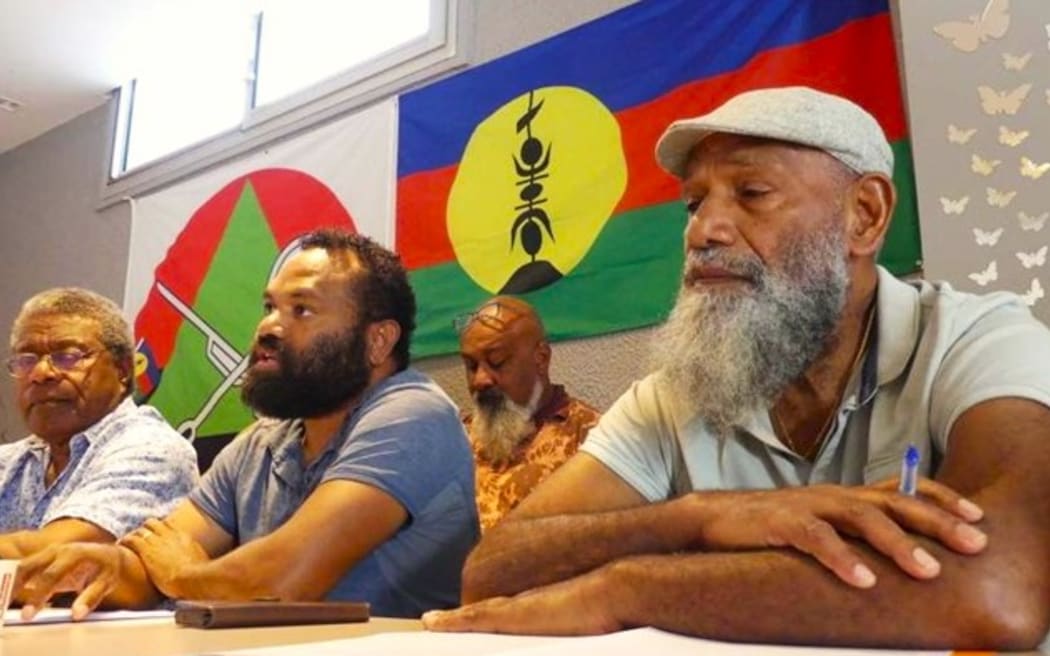 PALIKA’s political bureau holds a press conference earlier this year L to R Jean-Pierre Djaïwé, spokesman Judickaël Selefen and Charles Washetine – Photo LNC