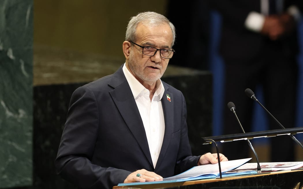 Iran's President Masoud Pezeshkian speaks during the General Debate of the United Nations General Assembly at the UN headquarters in New York City on 24 September, 2025.