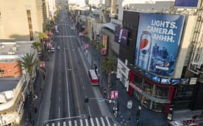 An aerial view looking towards west along Hollywood Blvd at the intersection with Highland Ave during morning rush hour on Monday April 27, 2020 in Los Angeles, California during the coronavirus COVID-19 pandemic.