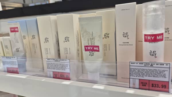 Korean sunscreens from the brand Beauty of Joseon sunscreens displayed on shelf at an Auckland store.