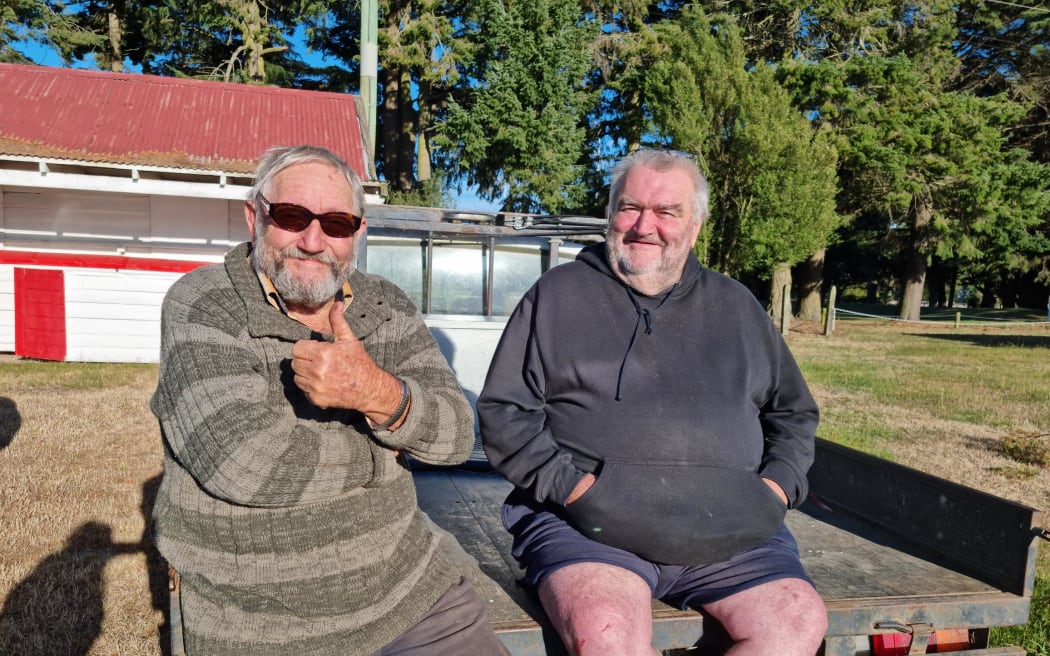 Ross Smith, left, and Derek Anson, right, spent the night at the evacuation centre at Kirwee Community Hall after a neighbour woke them up about 11pm to say the fire was getting close to Derek's lifestyle block on Old West Coast Road.