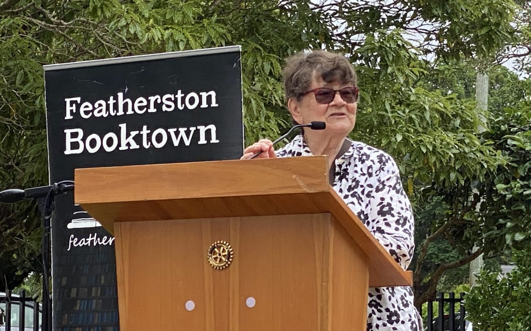 Joy Cowley addressing hundreds of Wairarapa locals at the blessing of the playground named after her.