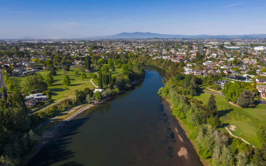 Aerial view of Hamilton and the Waikato river.