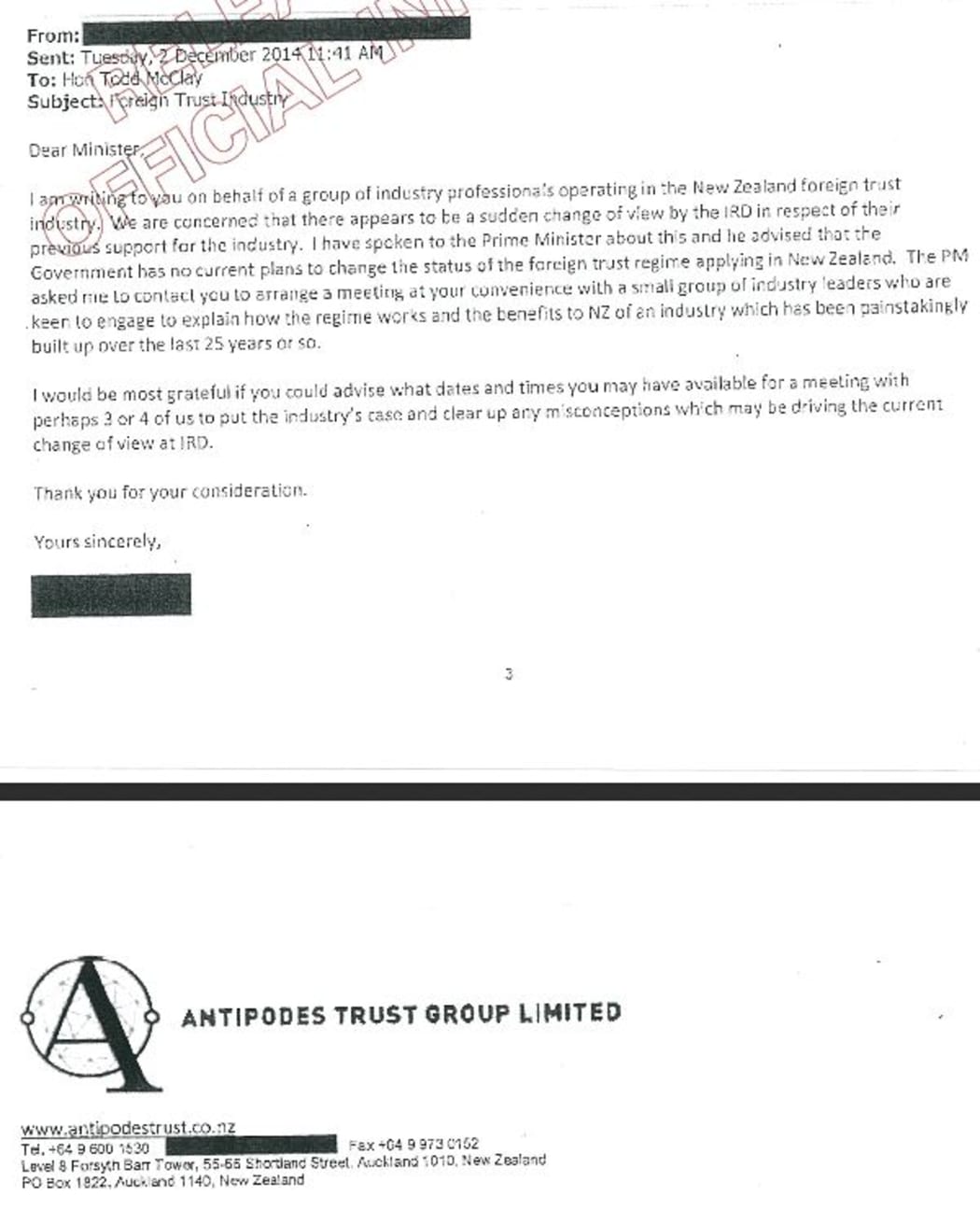 An excerpt from the emails released to the Green Party under the OIA.