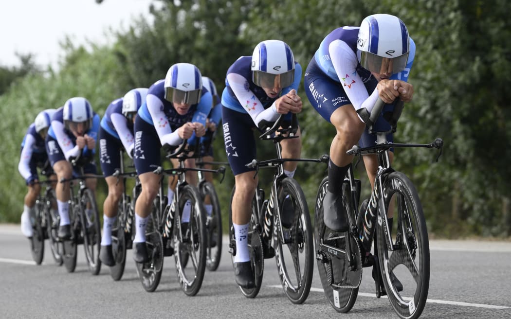 Team Israel Premier Tech 's riders compete during the fifth stage of La Vuelta a Espana cycling tour. The team includes New Zealander George Bennett.
