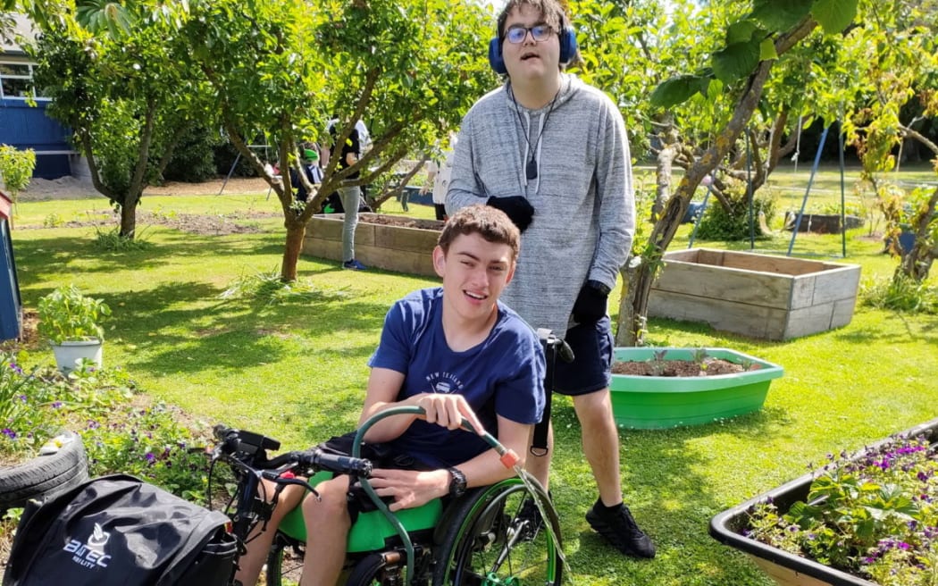 Hamish Cleary (20) and Jonty Campbell (19) enjoy spending time in the Rangiora Community Garden, next door to Rangiora High School.