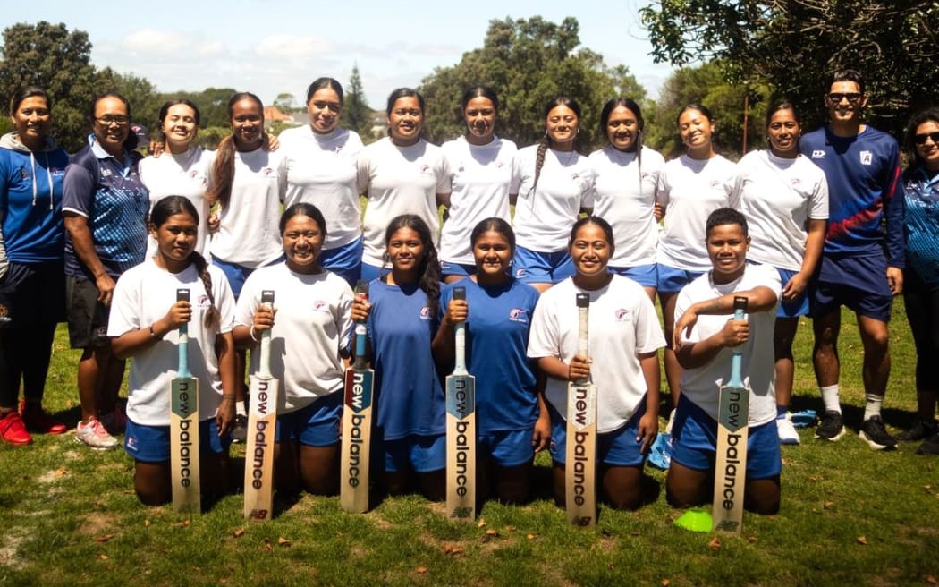 The Samoa women's Under-19 cricket team in Auckland, with Auckland Cricket captain and Samoan international Sean Solia (standing second from right), before the team flew to Malaysia. Photo: Samoa Cricket