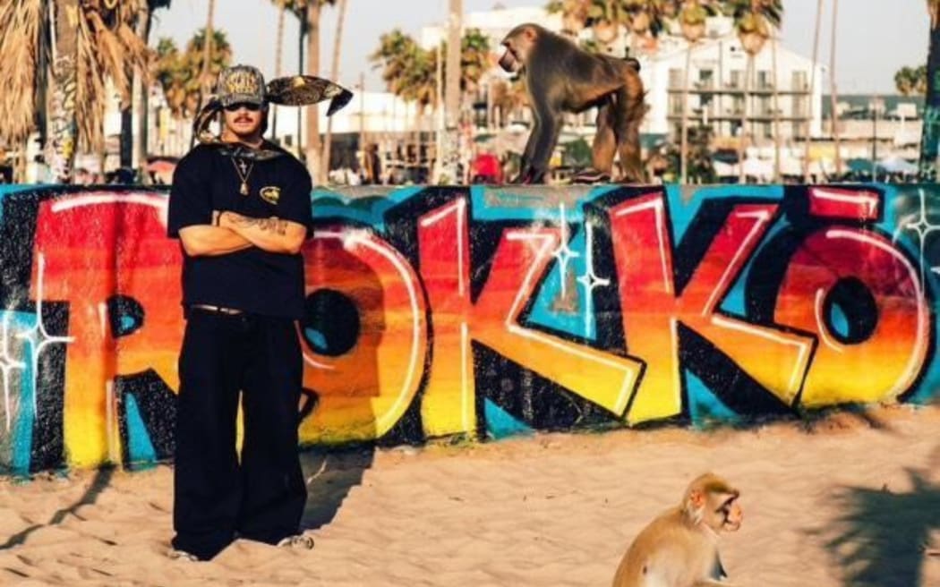 Rokkō went to Los Angeles to build a relationship with a record label. Rokkō says he likes monkeys, but the ones in this picture aren't real.