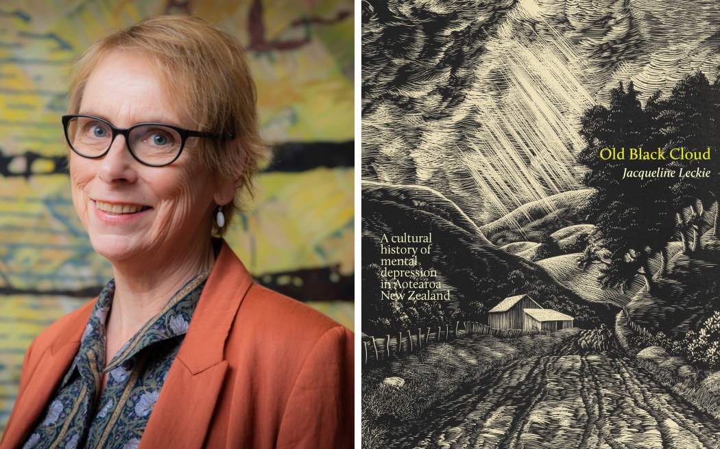 A composite image showing Jacqueline and the cover of the book "OLD BLACK CLOUD". On the left, Jacqueline smiles at the camera, wearing glasses and an orange blazer. On the right, a book cover showing a finely detailed black-and-white woodcut of a small house in a valley with stormclouds overhead and beams of light shining through. The book title is "OLD BLACK CLOUD - A CULTURAL HISTORY OF MENTAL DEPRESSION IN AOTEAROA NEW ZEALAND".