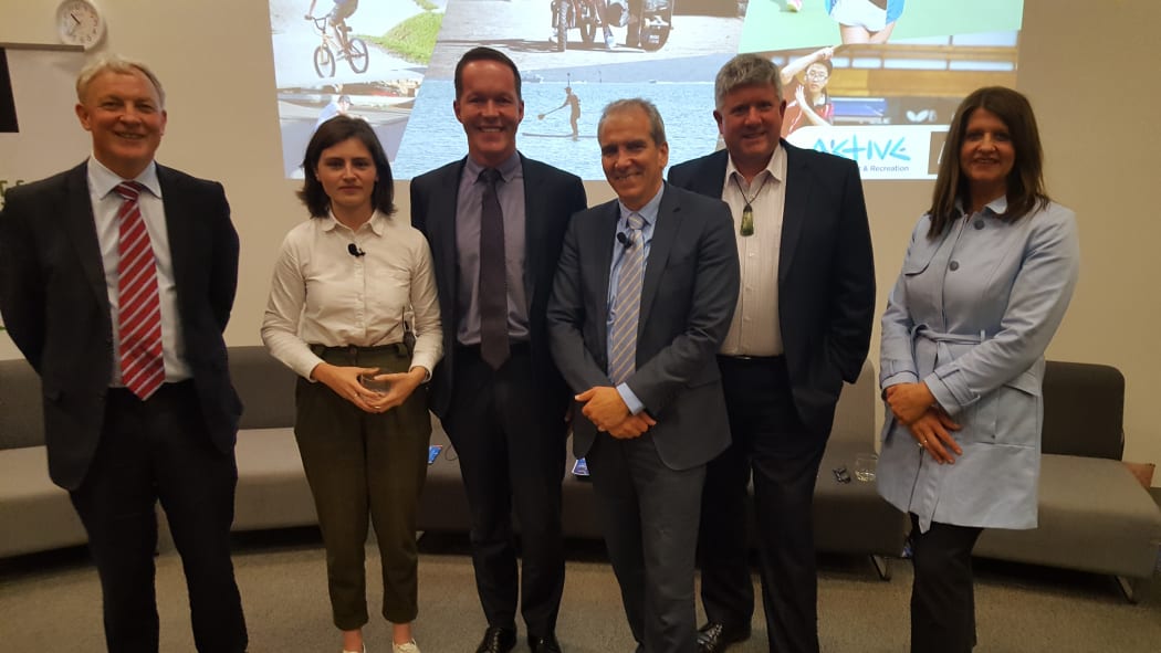The class of 2016 at their final debate - Phil Goff, Chloe Swarbrick, Mark thomas, John Palino, David Hay, Vic Crone