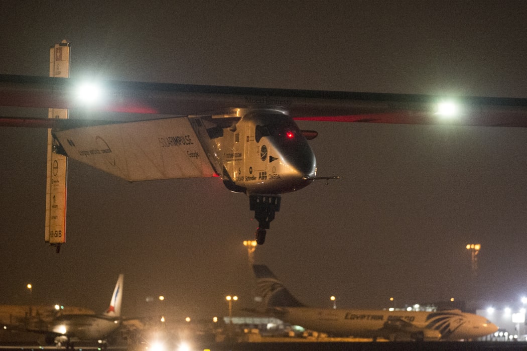 Solar Impulse 2 taking off from Cairo International Airport.